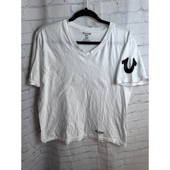 True‎ Religion V-Neck T-Shirt Logo Graphic Short Sleeve White Large - Picture 1 of 4
